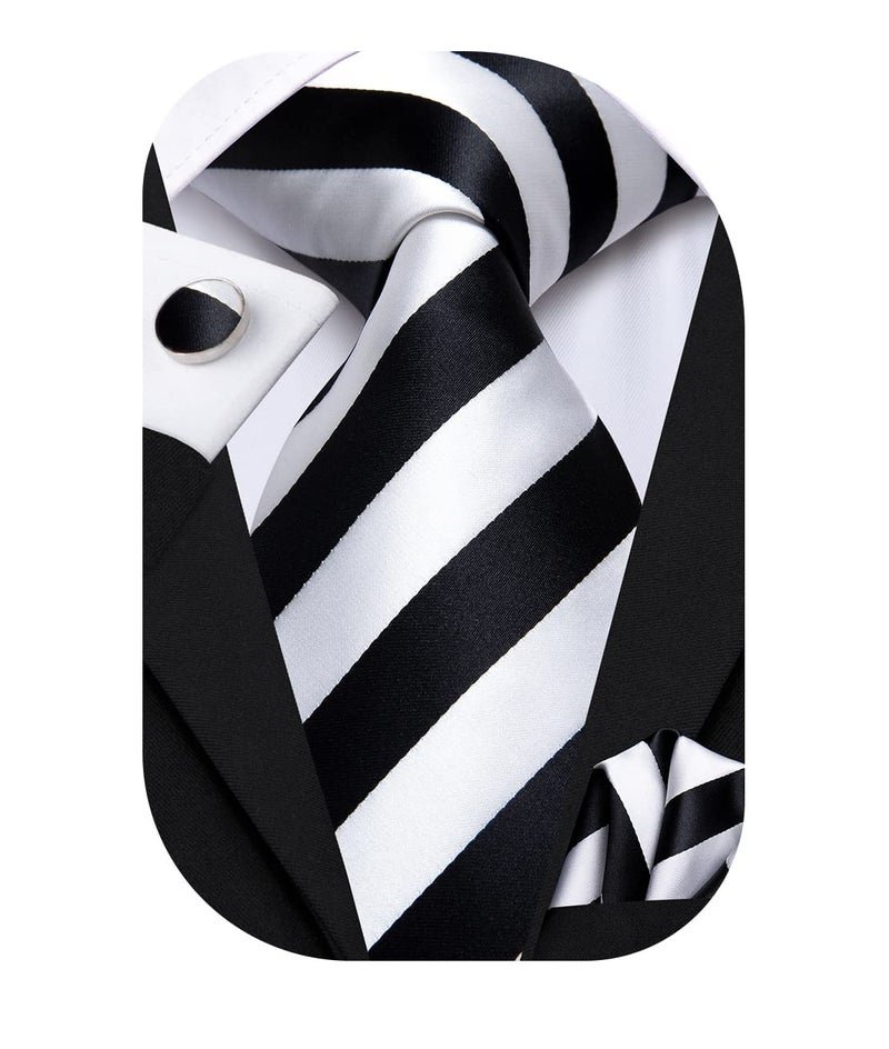 Hi-Tie Silk Ties for Men Plaid Paisley Striped Necktie Pocket Square Cufflinks Set Formal Business,Black White Striped - Image 1